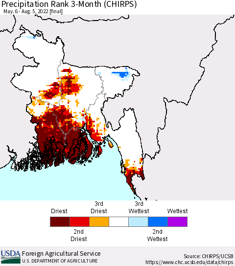 Bangladesh Precipitation Rank since 1981, 3-Month (CHIRPS) Thematic Map For 5/6/2022 - 8/5/2022