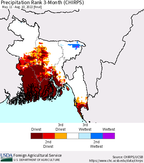 Bangladesh Precipitation Rank since 1981, 3-Month (CHIRPS) Thematic Map For 5/11/2022 - 8/10/2022