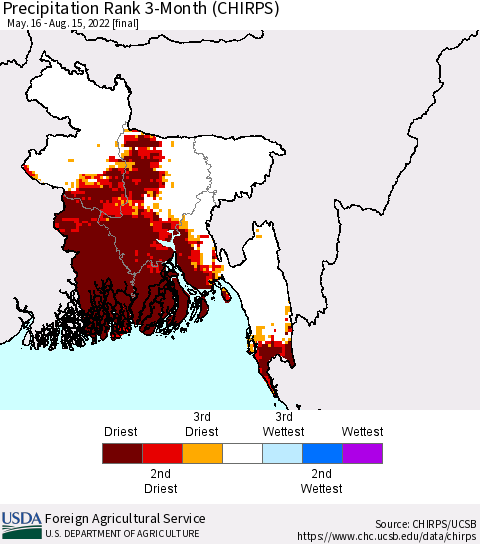 Bangladesh Precipitation Rank since 1981, 3-Month (CHIRPS) Thematic Map For 5/16/2022 - 8/15/2022