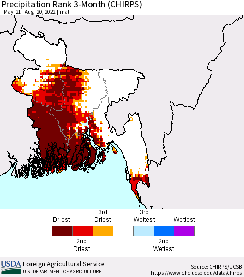 Bangladesh Precipitation Rank since 1981, 3-Month (CHIRPS) Thematic Map For 5/21/2022 - 8/20/2022