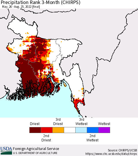 Bangladesh Precipitation Rank since 1981, 3-Month (CHIRPS) Thematic Map For 5/26/2022 - 8/25/2022