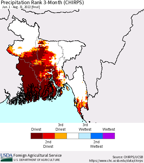 Bangladesh Precipitation Rank since 1981, 3-Month (CHIRPS) Thematic Map For 6/1/2022 - 8/31/2022