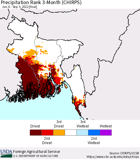 Bangladesh Precipitation Rank since 1981, 3-Month (CHIRPS) Thematic Map For 6/6/2022 - 9/5/2022