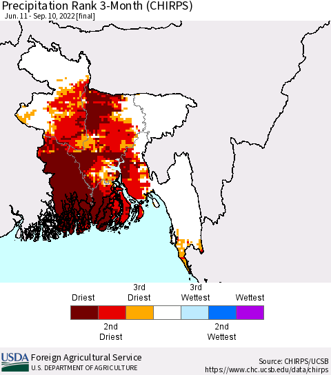Bangladesh Precipitation Rank since 1981, 3-Month (CHIRPS) Thematic Map For 6/11/2022 - 9/10/2022