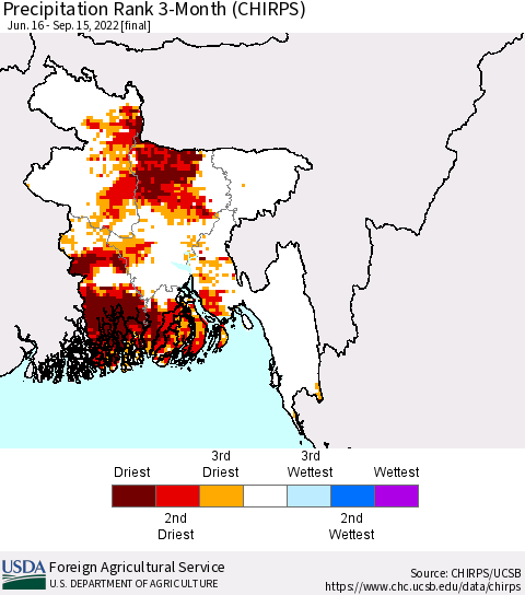 Bangladesh Precipitation Rank since 1981, 3-Month (CHIRPS) Thematic Map For 6/16/2022 - 9/15/2022