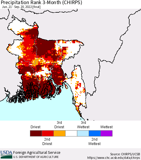 Bangladesh Precipitation Rank since 1981, 3-Month (CHIRPS) Thematic Map For 6/21/2022 - 9/20/2022