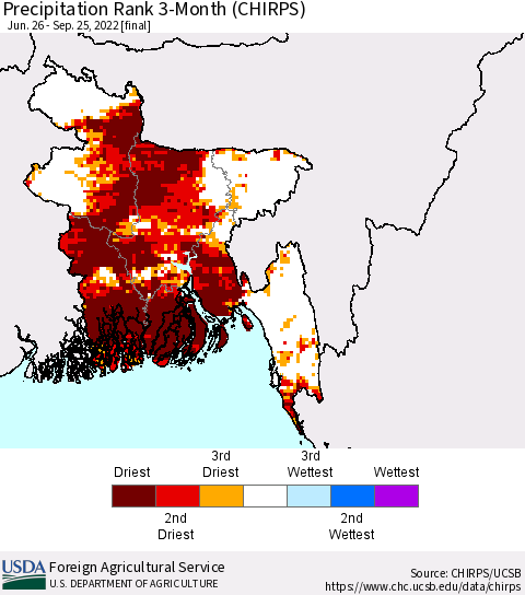 Bangladesh Precipitation Rank since 1981, 3-Month (CHIRPS) Thematic Map For 6/26/2022 - 9/25/2022