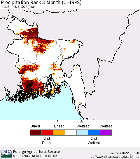 Bangladesh Precipitation Rank since 1981, 3-Month (CHIRPS) Thematic Map For 7/6/2022 - 10/5/2022