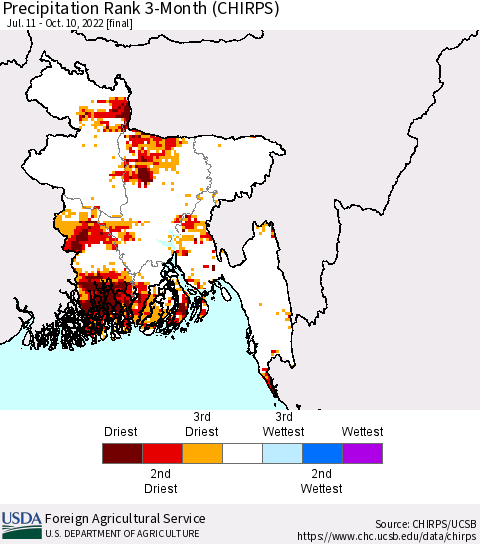 Bangladesh Precipitation Rank since 1981, 3-Month (CHIRPS) Thematic Map For 7/11/2022 - 10/10/2022
