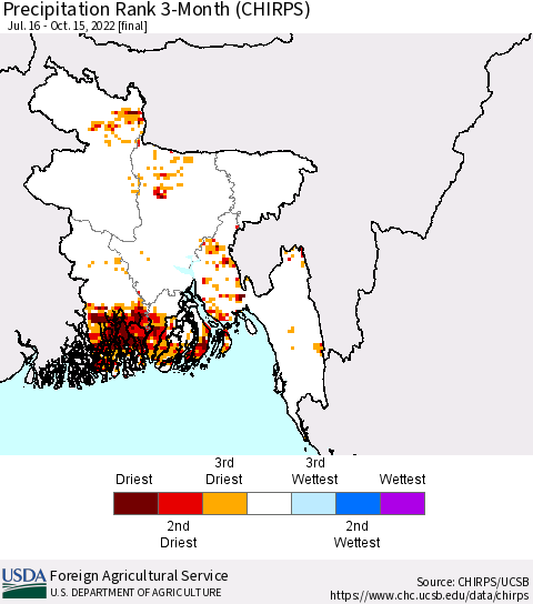 Bangladesh Precipitation Rank since 1981, 3-Month (CHIRPS) Thematic Map For 7/16/2022 - 10/15/2022