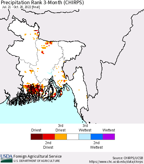 Bangladesh Precipitation Rank since 1981, 3-Month (CHIRPS) Thematic Map For 7/21/2022 - 10/20/2022