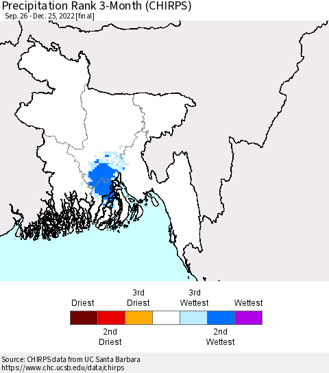 Bangladesh Precipitation Rank since 1981, 3-Month (CHIRPS) Thematic Map For 9/26/2022 - 12/25/2022