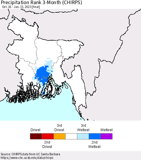 Bangladesh Precipitation Rank since 1981, 3-Month (CHIRPS) Thematic Map For 10/16/2022 - 1/15/2023