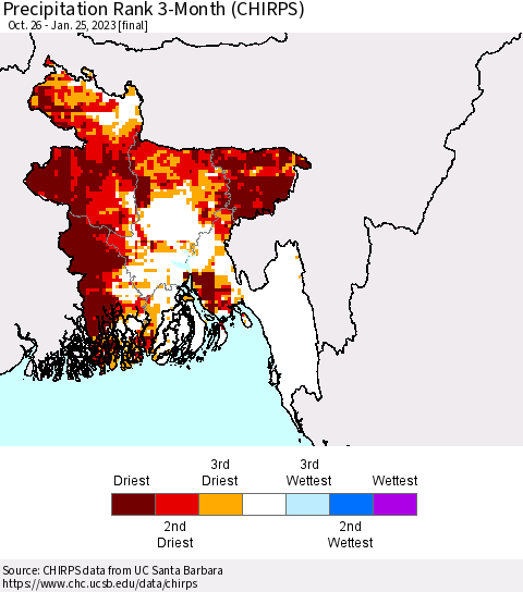 Bangladesh Precipitation Rank since 1981, 3-Month (CHIRPS) Thematic Map For 10/26/2022 - 1/25/2023