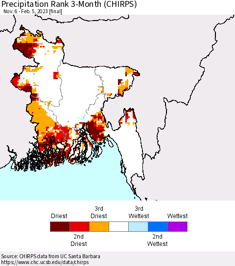Bangladesh Precipitation Rank since 1981, 3-Month (CHIRPS) Thematic Map For 11/6/2022 - 2/5/2023