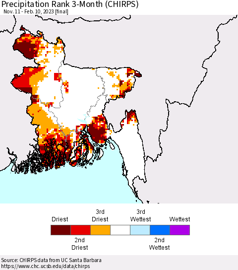 Bangladesh Precipitation Rank since 1981, 3-Month (CHIRPS) Thematic Map For 11/11/2022 - 2/10/2023