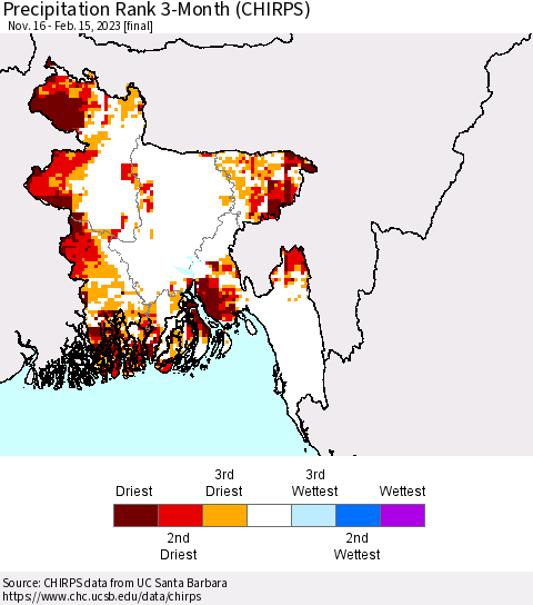 Bangladesh Precipitation Rank since 1981, 3-Month (CHIRPS) Thematic Map For 11/16/2022 - 2/15/2023