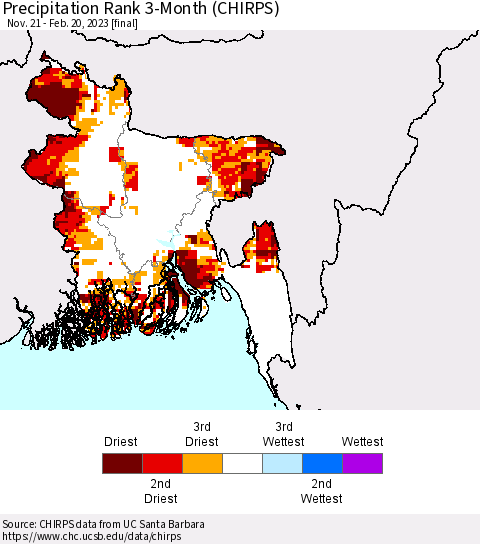 Bangladesh Precipitation Rank since 1981, 3-Month (CHIRPS) Thematic Map For 11/21/2022 - 2/20/2023