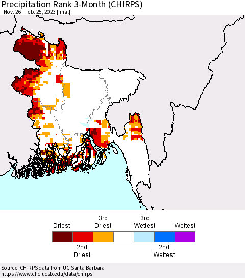 Bangladesh Precipitation Rank since 1981, 3-Month (CHIRPS) Thematic Map For 11/26/2022 - 2/25/2023