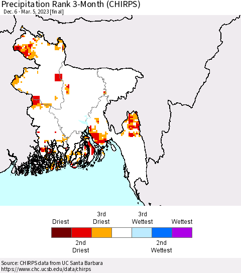 Bangladesh Precipitation Rank since 1981, 3-Month (CHIRPS) Thematic Map For 12/6/2022 - 3/5/2023