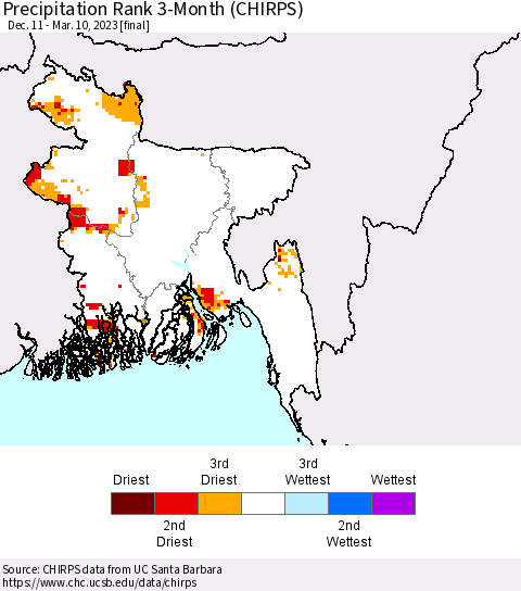 Bangladesh Precipitation Rank since 1981, 3-Month (CHIRPS) Thematic Map For 12/11/2022 - 3/10/2023