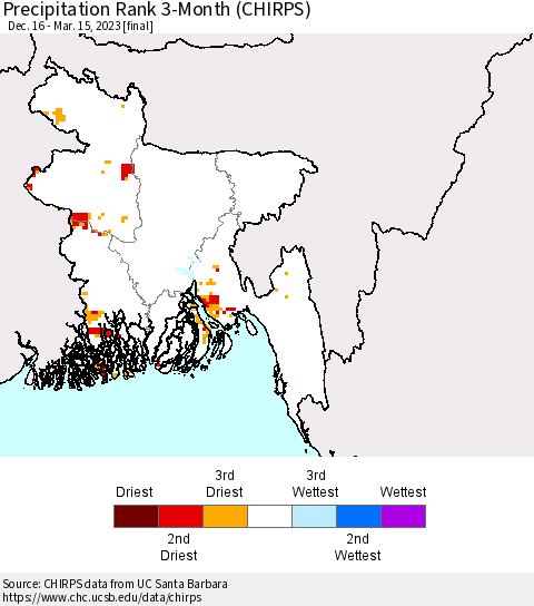 Bangladesh Precipitation Rank since 1981, 3-Month (CHIRPS) Thematic Map For 12/16/2022 - 3/15/2023