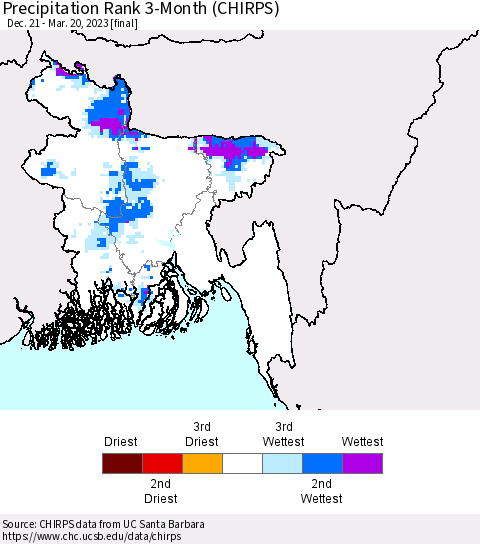Bangladesh Precipitation Rank since 1981, 3-Month (CHIRPS) Thematic Map For 12/21/2022 - 3/20/2023