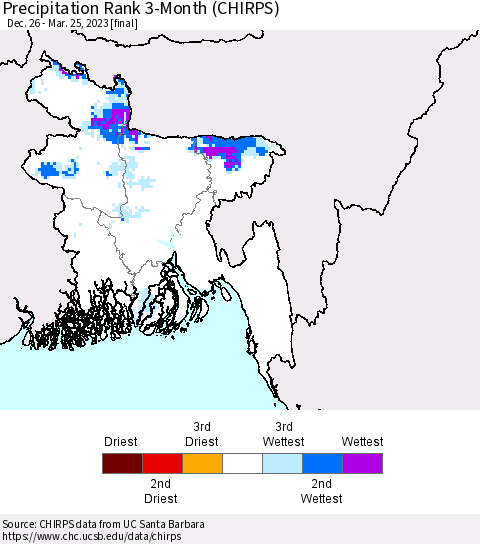 Bangladesh Precipitation Rank since 1981, 3-Month (CHIRPS) Thematic Map For 12/26/2022 - 3/25/2023