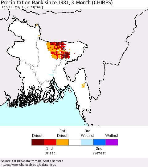 Bangladesh Precipitation Rank since 1981, 3-Month (CHIRPS) Thematic Map For 2/11/2023 - 5/10/2023