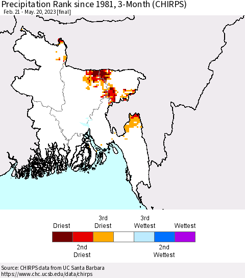 Bangladesh Precipitation Rank since 1981, 3-Month (CHIRPS) Thematic Map For 2/21/2023 - 5/20/2023