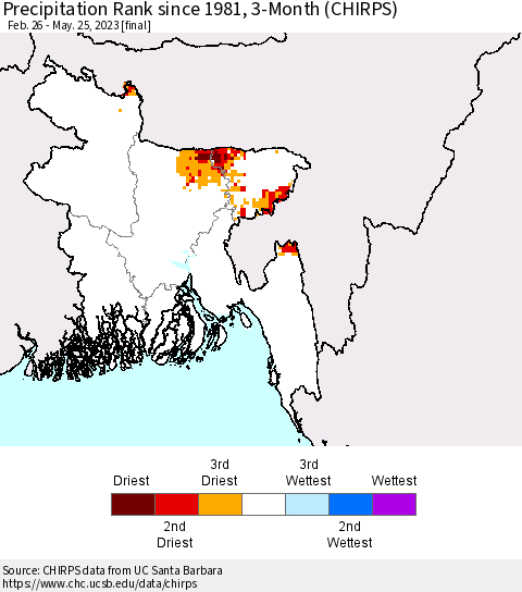 Bangladesh Precipitation Rank since 1981, 3-Month (CHIRPS) Thematic Map For 2/26/2023 - 5/25/2023