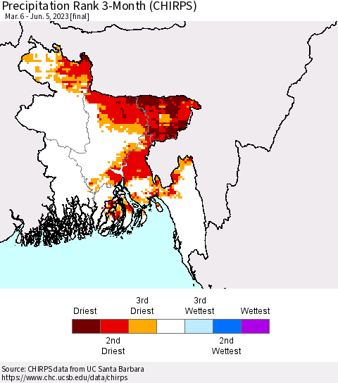 Bangladesh Precipitation Rank since 1981, 3-Month (CHIRPS) Thematic Map For 3/6/2023 - 6/5/2023