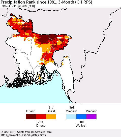 Bangladesh Precipitation Rank since 1981, 3-Month (CHIRPS) Thematic Map For 3/11/2023 - 6/10/2023