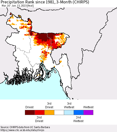Bangladesh Precipitation Rank since 1981, 3-Month (CHIRPS) Thematic Map For 3/16/2023 - 6/15/2023