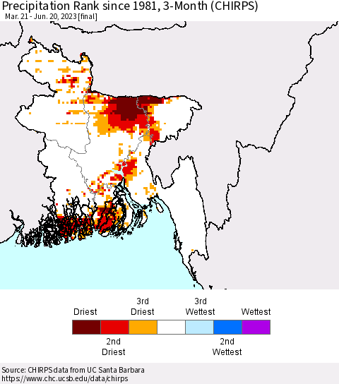 Bangladesh Precipitation Rank since 1981, 3-Month (CHIRPS) Thematic Map For 3/21/2023 - 6/20/2023