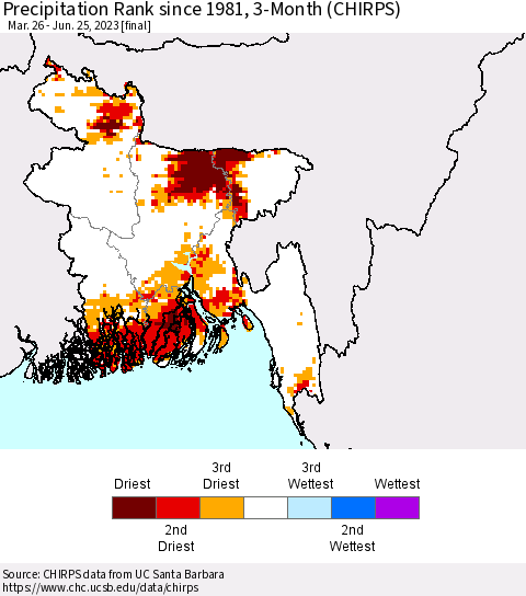Bangladesh Precipitation Rank since 1981, 3-Month (CHIRPS) Thematic Map For 3/26/2023 - 6/25/2023