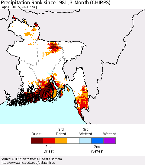 Bangladesh Precipitation Rank since 1981, 3-Month (CHIRPS) Thematic Map For 4/6/2023 - 7/5/2023