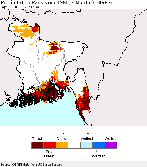 Bangladesh Precipitation Rank since 1981, 3-Month (CHIRPS) Thematic Map For 4/11/2023 - 7/10/2023