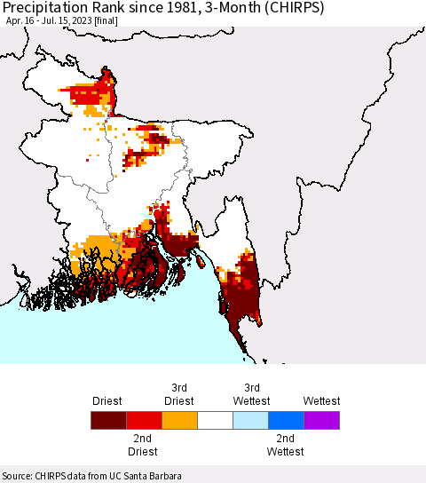 Bangladesh Precipitation Rank since 1981, 3-Month (CHIRPS) Thematic Map For 4/16/2023 - 7/15/2023