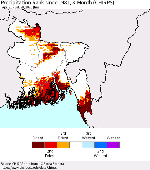 Bangladesh Precipitation Rank since 1981, 3-Month (CHIRPS) Thematic Map For 4/21/2023 - 7/20/2023