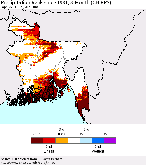 Bangladesh Precipitation Rank since 1981, 3-Month (CHIRPS) Thematic Map For 4/26/2023 - 7/25/2023