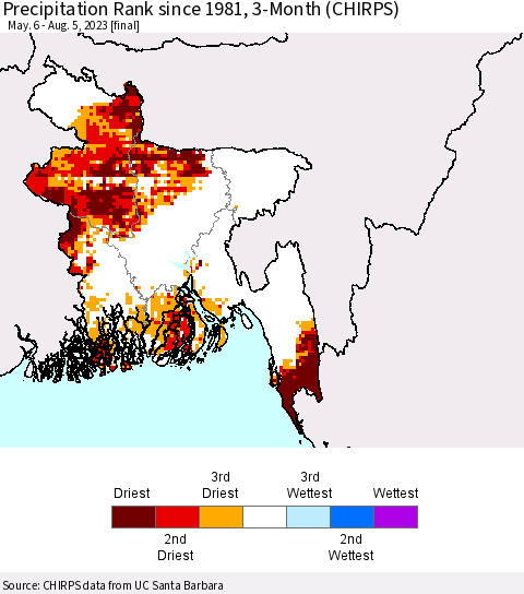 Bangladesh Precipitation Rank since 1981, 3-Month (CHIRPS) Thematic Map For 5/6/2023 - 8/5/2023