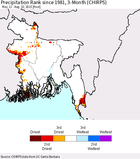 Bangladesh Precipitation Rank since 1981, 3-Month (CHIRPS) Thematic Map For 5/11/2023 - 8/10/2023