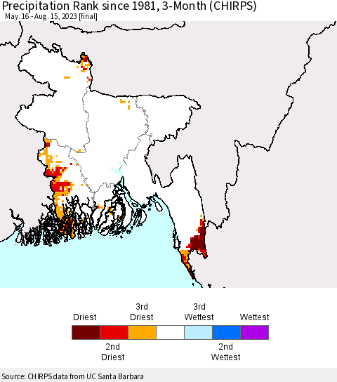 Bangladesh Precipitation Rank since 1981, 3-Month (CHIRPS) Thematic Map For 5/16/2023 - 8/15/2023