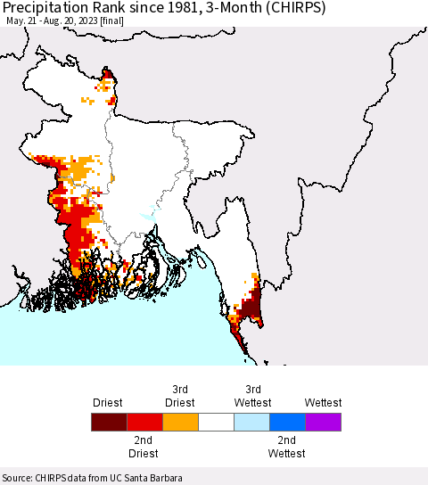 Bangladesh Precipitation Rank since 1981, 3-Month (CHIRPS) Thematic Map For 5/21/2023 - 8/20/2023
