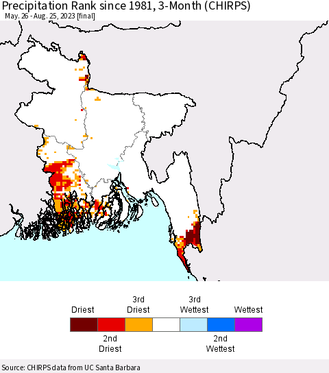Bangladesh Precipitation Rank since 1981, 3-Month (CHIRPS) Thematic Map For 5/26/2023 - 8/25/2023