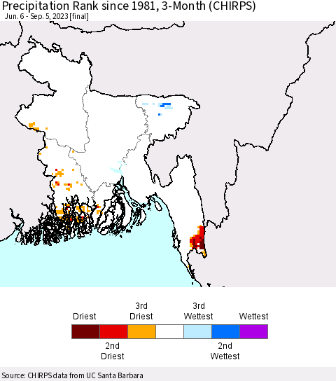 Bangladesh Precipitation Rank since 1981, 3-Month (CHIRPS) Thematic Map For 6/6/2023 - 9/5/2023