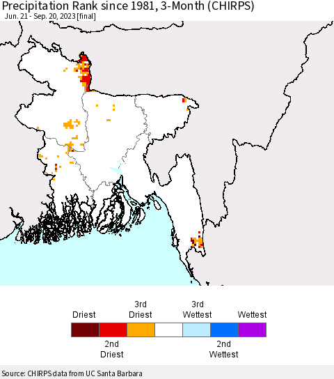 Bangladesh Precipitation Rank since 1981, 3-Month (CHIRPS) Thematic Map For 6/21/2023 - 9/20/2023