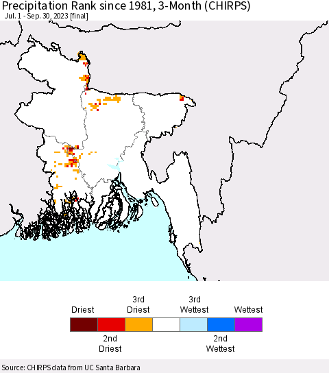 Bangladesh Precipitation Rank since 1981, 3-Month (CHIRPS) Thematic Map For 7/1/2023 - 9/30/2023