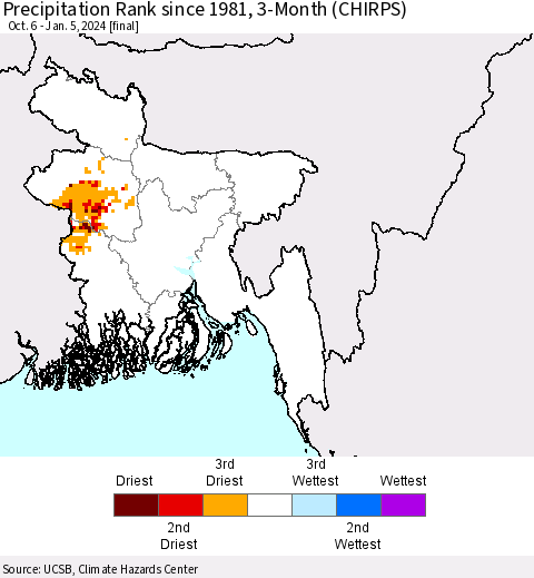 Bangladesh Precipitation Rank since 1981, 3-Month (CHIRPS) Thematic Map For 10/6/2023 - 1/5/2024
